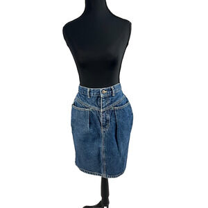 Odie Vintage Dark Wash Denim Pleated Pencil Skirt 7 High Waist 80s Zip Grunge